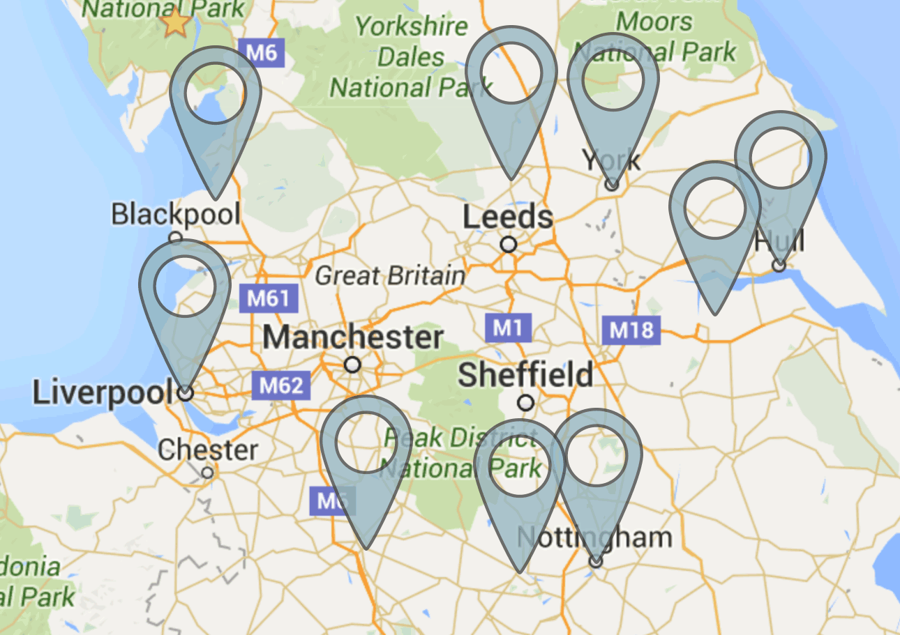 A map of where we operate in and around Yorkshire